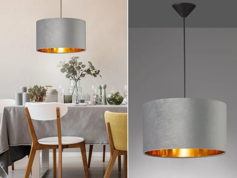 Pendelleuchte AURA mit Lampenschirm Samt Grau - innen Gold, Ø 40cm