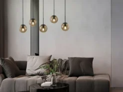 Pendelleuchte BALINI 5-flammig mit Rauchglas Kugeln, Breite 100cm