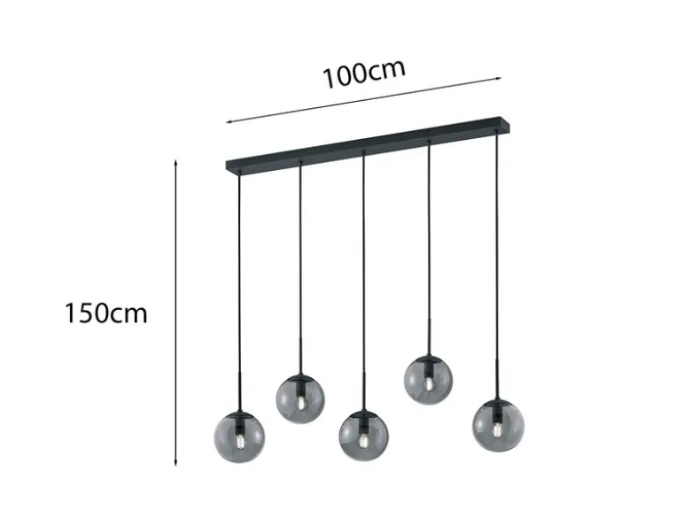 Pendelleuchte BALINI 5-flammig mit Rauchglas Kugeln, Breite 100cm