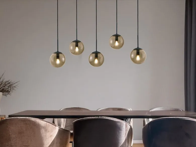 Pendelleuchte BALINI 5-flammig mit Rauchglas Kugeln, Breite 100cm
