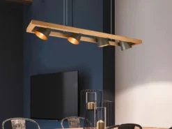 Pendelleuchte BELL 4-flammig Metallschirme schwenkbar im Holzrahmen, B: 100cm
