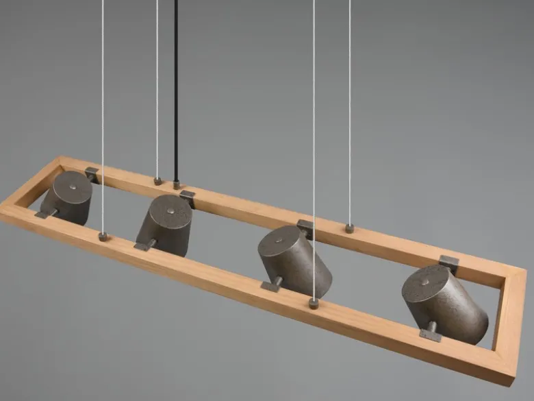 Pendelleuchte BELL 4-flammig Metallschirme schwenkbar im Holzrahmen, B: 100cm