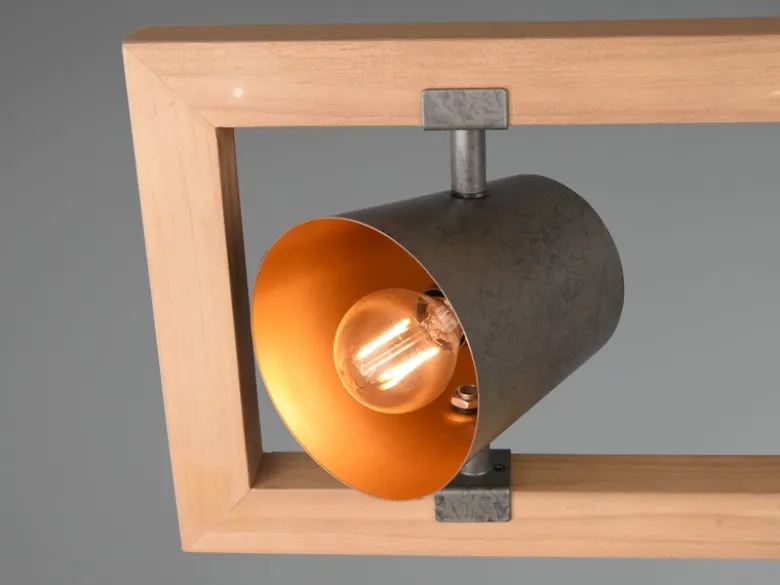 Pendelleuchte BELL 4-flammig Metallschirme schwenkbar im Holzrahmen, B: 100cm