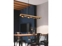Pendelleuchte BELL 4-flammig Metallschirme schwenkbar im Holzrahmen, B: 100cm