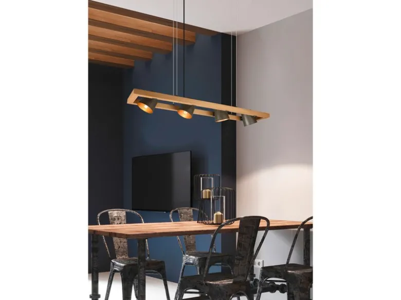 Pendelleuchte BELL 4-flammig Metallschirme schwenkbar im Holzrahmen, B: 100cm