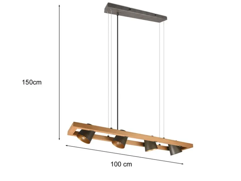 Pendelleuchte BELL 4-flammig Metallschirme schwenkbar im Holzrahmen, B: 100cm