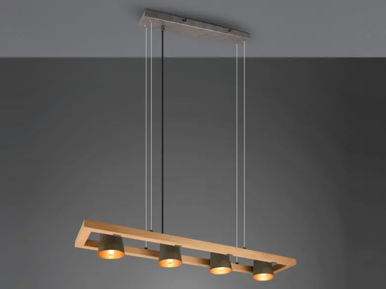 Pendelleuchte BELL 4-flammig Metallschirme schwenkbar im Holzrahmen, B: 100cm