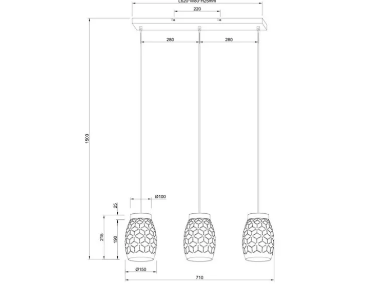 Pendelleuchte BIDAR 3-flammig in Weiß mit ausgefallenem Stanzmuster, B: 71cm