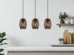 Pendelleuchte BIDAR 3-flammig Schwarz/Gold mit Stanzmuster, Breite 71cm