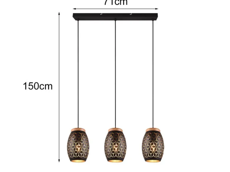 Pendelleuchte BIDAR 3-flammig Schwarz/Gold mit Stanzmuster, Breite 71cm
