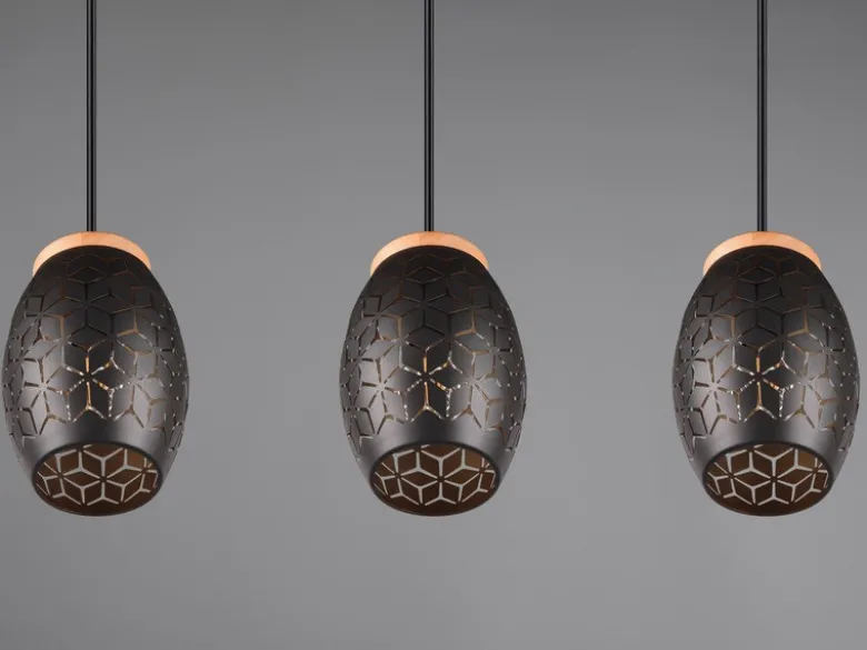 Pendelleuchte BIDAR 3-flammig Schwarz/Gold mit Stanzmuster, Breite 71cm