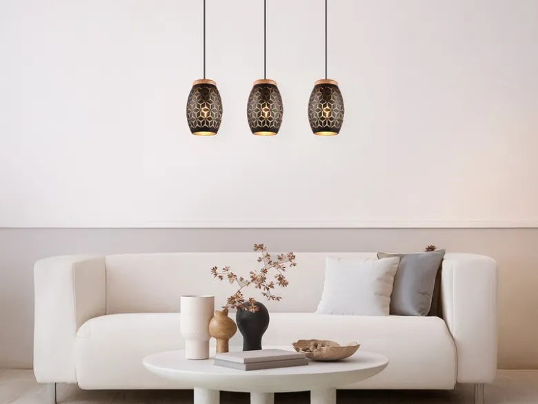 Pendelleuchte BIDAR 3-flammig Schwarz/Gold mit Stanzmuster, Breite 71cm