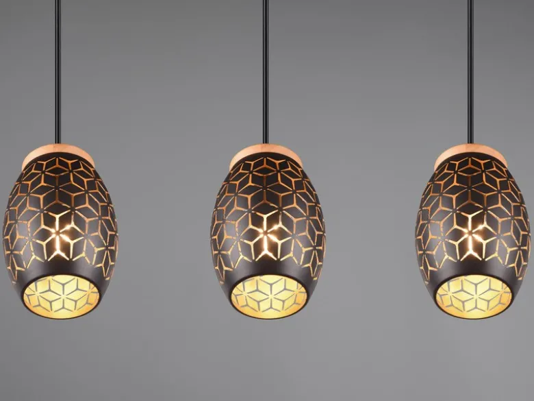 Pendelleuchte BIDAR 3-flammig Schwarz/Gold mit Stanzmuster, Breite 71cm