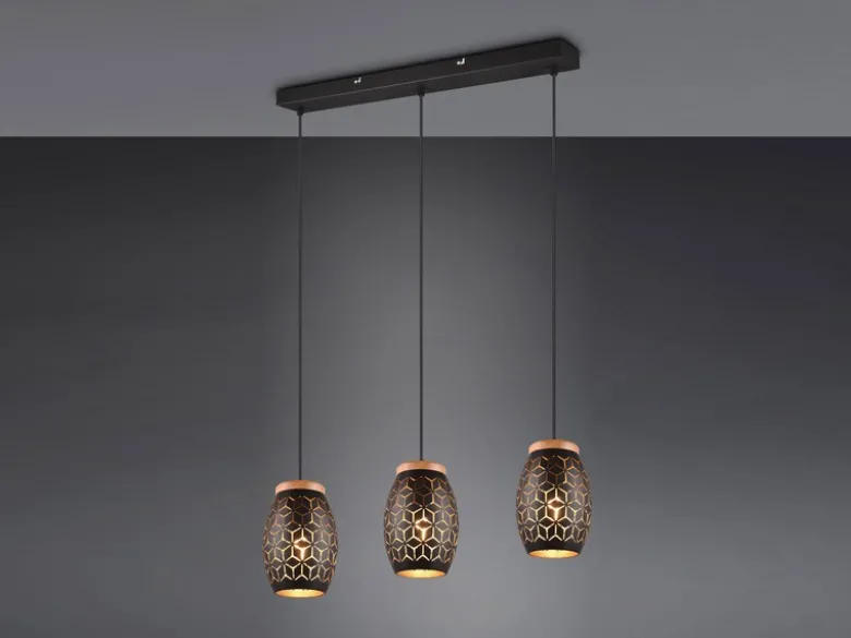 Pendelleuchte BIDAR 3-flammig Schwarz/Gold mit Stanzmuster, Breite 71cm