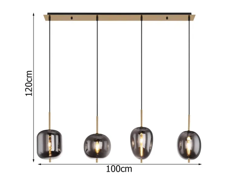 Pendelleuchte BLACKY Messing 4-flammig mit Rauchglas Glaskugeln, B: 100cm