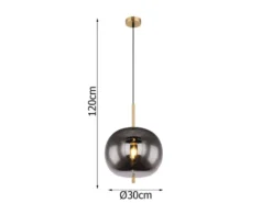 Pendelleuchte BLACKY Messing 1-flammig mit Rauchglas Glaskugel, Ø 30cm