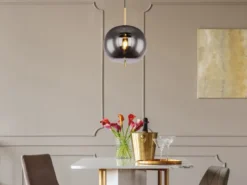 Pendelleuchte BLACKY Messing 1-flammig mit Rauchglas Glaskugel, Ø 30cm