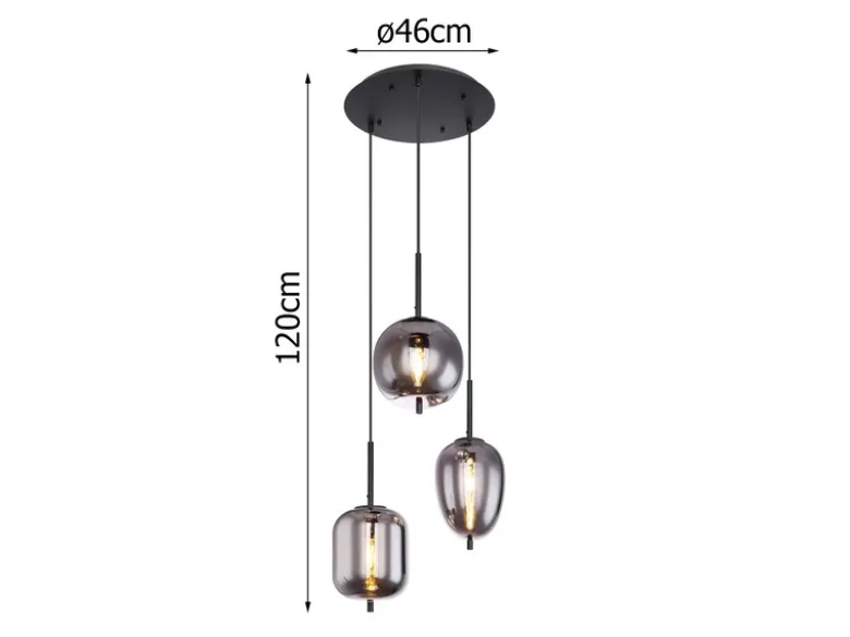 Pendelleuchte BLACKY Schwarz 3-flammig mit Rauchglas Glaskugeln, Ø 46cm
