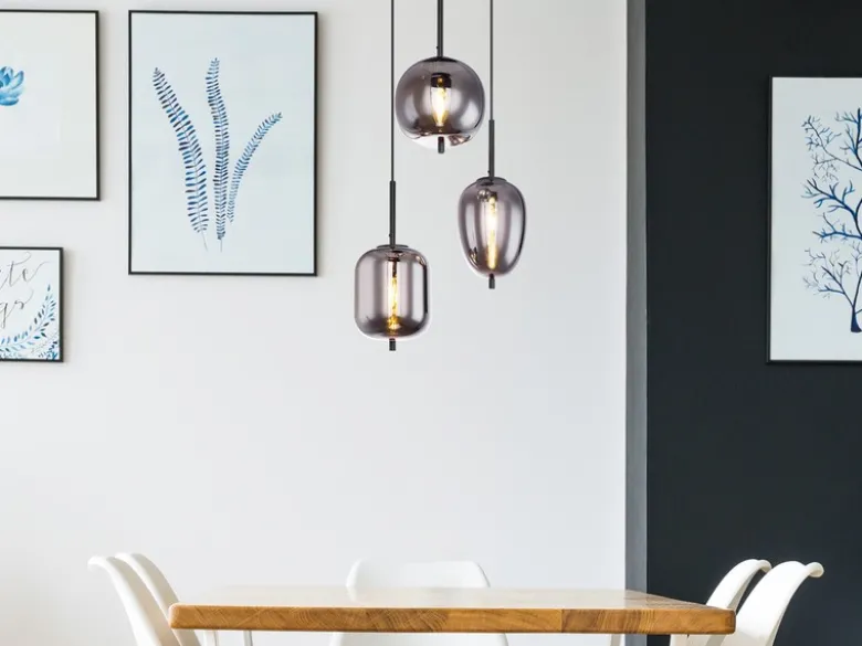 Pendelleuchte BLACKY Schwarz 3-flammig mit Rauchglas Glaskugeln, Ø 46cm