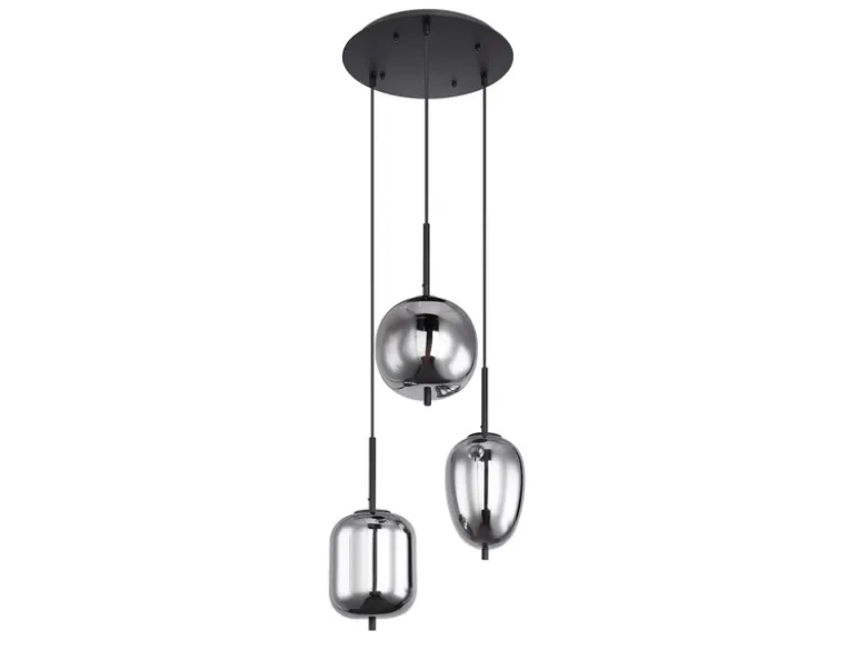 Pendelleuchte BLACKY Schwarz 3-flammig mit Rauchglas Glaskugeln, Ø 46cm
