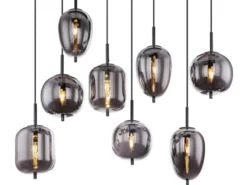 Pendelleuchte BLACKY Schwarz 8-flammig mit Rauchglas Glaskugeln, B: 94cm