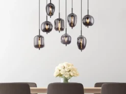 Pendelleuchte BLACKY Schwarz 8-flammig mit Rauchglas Glaskugeln, B: 94cm