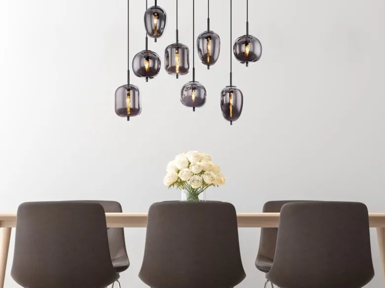 Pendelleuchte BLACKY Schwarz 8-flammig mit Rauchglas Glaskugeln, B: 94cm