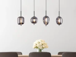 Pendelleuchte BLACKY Schwarz 4-flammig mit Rauchglas Glaskugeln, B: 100cm