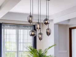 Pendelleuchte BLACKY Schwarz 6-flammig mit Rauchglas Glaskugeln, B: 80cm