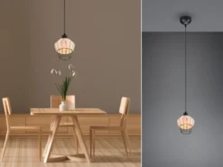 Pendelleuchte BORKA mit Rattan Geflecht Natur und Gitter im Boho Stil, Ø 18cm