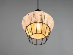 Pendelleuchte BORKA mit Rattan Geflecht Natur und Gitter im Boho Stil, Ø 18cm