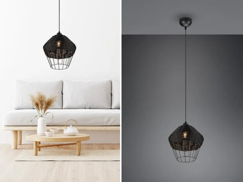 Pendelleuchte BORKA mit Rattan Geflecht und Gitter Schwarz im Boho Stil, Ø 30cm