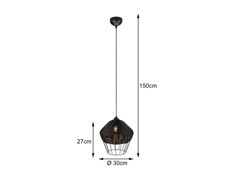 Pendelleuchte BORKA mit Rattan Geflecht und Gitter Schwarz im Boho Stil, Ø 30cm