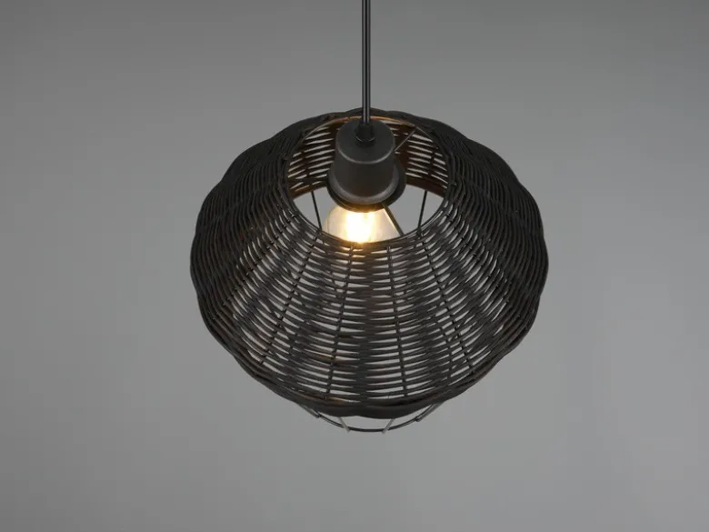 Pendelleuchte BORKA mit Rattan Geflecht und Gitter Schwarz im Boho Stil, Ø 30cm