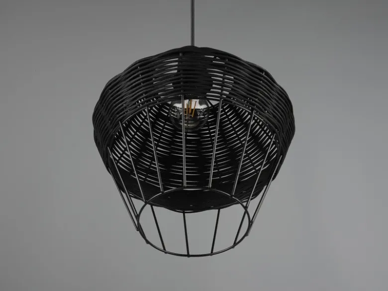Pendelleuchte BORKA mit Rattan Geflecht und Gitter Schwarz im Boho Stil, Ø 30cm