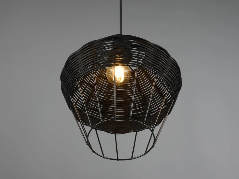 Pendelleuchte BORKA mit Rattan Geflecht und Gitter Schwarz im Boho Stil, Ø 30cm