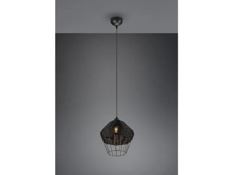 Pendelleuchte BORKA mit Rattan Geflecht und Gitter Schwarz im Boho Stil, Ø 30cm
