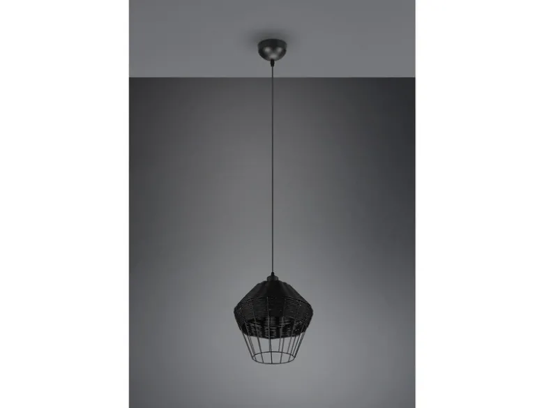 Pendelleuchte BORKA mit Rattan Geflecht und Gitter Schwarz im Boho Stil, Ø 30cm