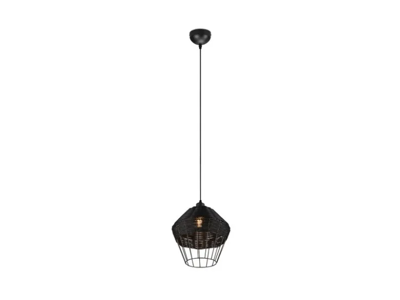 Pendelleuchte BORKA mit Rattan Geflecht und Gitter Schwarz im Boho Stil, Ø 30cm