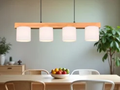 Pendelleuchte CAMERON Holzbalken 4-flammig Stoff Lampenschirme Weiß, B: 75cm