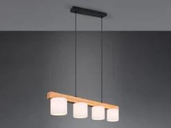 Pendelleuchte CAMERON Holzbalken 4-flammig Stoff Lampenschirme Weiß, B: 75cm