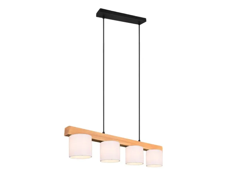 Pendelleuchte CAMERON Holzbalken 4-flammig Stoff Lampenschirme Weiß, B: 75cm