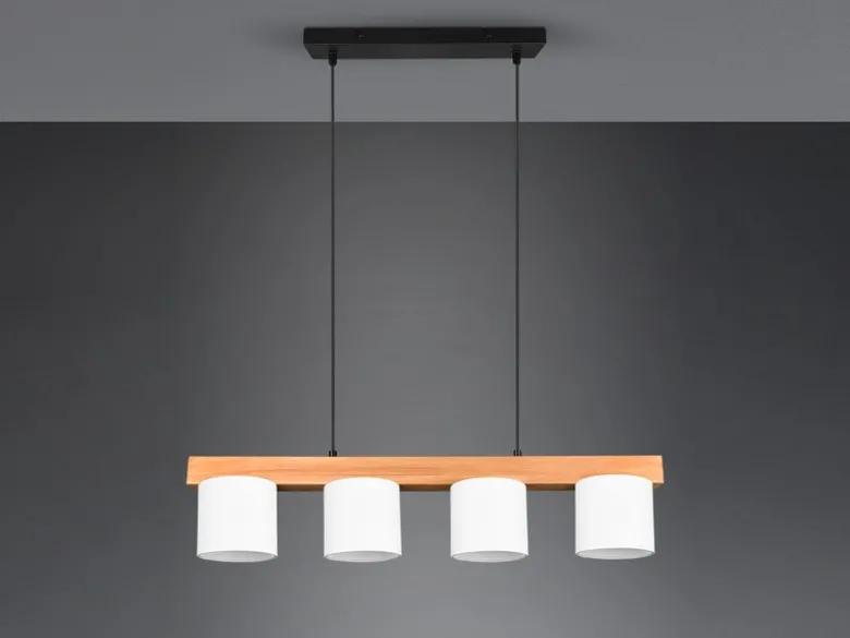 Pendelleuchte CAMERON Holzbalken 4-flammig Stoff Lampenschirme Weiß, B: 75cm
