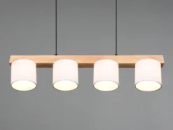 Pendelleuchte CAMERON Holzbalken 4-flammig Stoff Lampenschirme Weiß, B: 75cm