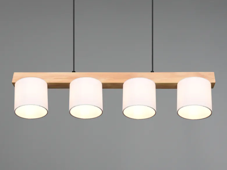 Pendelleuchte CAMERON Holzbalken 4-flammig Stoff Lampenschirme Weiß, B: 75cm