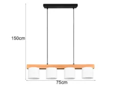 Pendelleuchte CAMERON Holzbalken 4-flammig Stoff Lampenschirme Weiß, B: 75cm