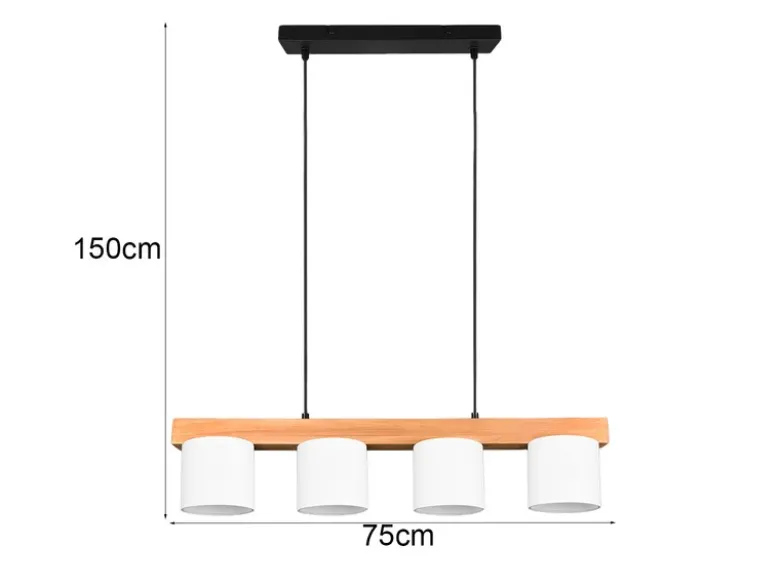 Pendelleuchte CAMERON Holzbalken 4-flammig Stoff Lampenschirme Weiß, B: 75cm