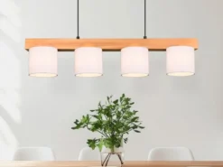 Pendelleuchte CAMERON Holzbalken 4-flammig Stoff Lampenschirme Weiß, B: 75cm