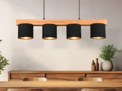 Pendelleuchte CAMERON Holzbalken 4-flammig Stoffschirme Schwarz Gold, B: 75cm