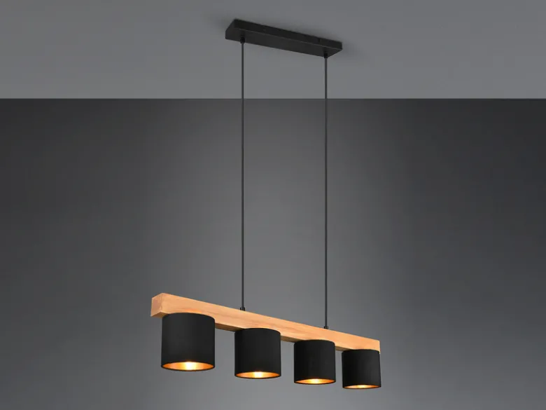Pendelleuchte CAMERON Holzbalken 4-flammig Stoffschirme Schwarz Gold, B: 75cm